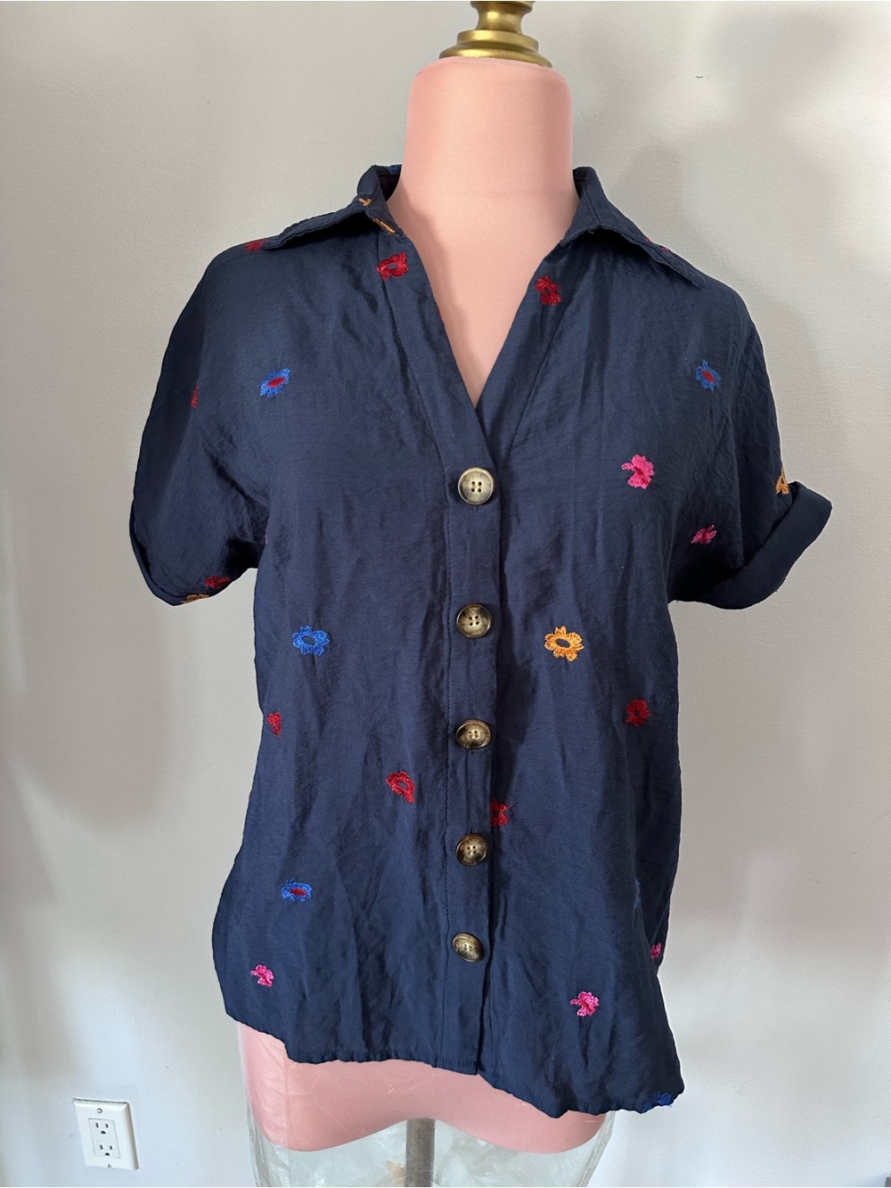 Source Unknown Navy Button-Front Top with Multicolor Floral Embroidery
